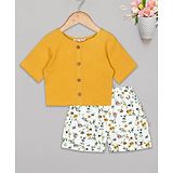 Budding Bees Half Sleeves Solid Top & Floral Printed Short Set - Mustard & White