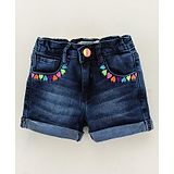 Vitamins Cotton Lycra Mid Thigh Denim Shorts Embroidered - Blue