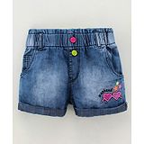 Vitamins Mid Thigh Length Denim Shorts Heart Embroidered - Blue