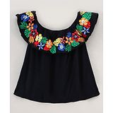 Vitamins Sleeveless Cotton Top with Floral Embroidery - Black