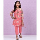 Biba Peach Cotton Straight Kurta Set Combines Kurta Pant - Peach