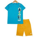 Kiddopanti Half Sleeves Graffiti Printed Tee With Solid Shorts - Teal Blue & Mustard Yellow