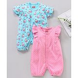 Babyhug 100% Cotton Half Sleeve Romper Kittens and Spot Print Pack of 2 - Pink and Blue