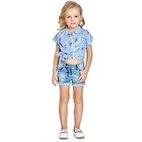 Peppermint Half Sleeves Floral Print Striped Shirt Style Front Knot Crop Top With Roll Up Denim Style Shorts - Blue