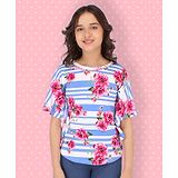 Cutecumber Half Flutter Sleeves Flower Printed & Unbalanced Striped Top - Pink & Blue