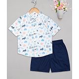 Budding Bees Half Sleeves Shells Tropical Print Shirt & Solid Shorts Set - White & Blue