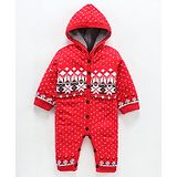 Yellow Apple Full Sleeves Hooded Romper Intarsia Print - Red