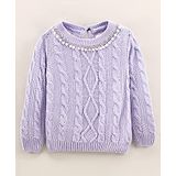 Yellow Apple Full Sleeves Cable Knit Sweater With Lace & Pearls Detailing- Purple