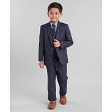 Noddy Full Sleeves Solid Shirt & Seamless Woven Pencil Stripe Design Detailed Coat With Coordinating Pant & Tie - Navy Blue