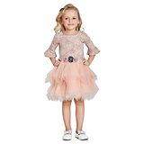 Peppermint Three Fourth Bell Sleeves Floral Woven Bodice Ruffle Detailed Dress With Flower Applique - Peach