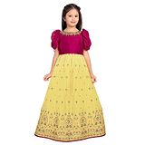 Betty By Tiny Kingdom Half Puffed Sleeves Embellished Neck Ethnic Motif Embroidered Party Wear Gown - Lemon Yellow & Pink