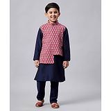 Stylo Bug Full Sleeves Solid Kurta And Pyjama With Paisley Motif Print Jacket - Navy Blue