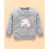 Yellow Apple Full Sleeves Pullovers Sweater Unicorn Embroidery - Grey