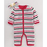 Yellow Apple Full Sleeves Cotton Rompers With Headband Stripes Print- Red