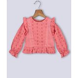 Beebay 100% Cotton Full Puffed Sleeves Schiffli Embroidered Frill Top - Coral