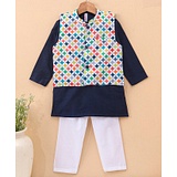 Babyhug 100% Cotton Full Sleeves Solid Kurta and Pyjama Set with Printed Modi Jacket - Navy & White