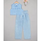 Budding Bees Sleeveless Solid Denim Top & Pants Set - Blue