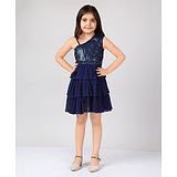 Naughty Ninos Sleeveless Sequin Embellished Bodice With Solid Layered Ruffle Fit & Flare Party Wear Dress - Blue