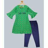 Kiddopanti Three Fourth Bell Sleeves Tassel Embellished Yoke All Over Motif Printed Kurta & Solid Leggings Set - Classic Green & Navy Blue