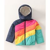 Vitamins Full Sleeves Puffed Sweat Jacket with Hood Colour Block Pattern - Multicolour