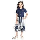 Peppermint Half Sleeves Solid Shirt Style Front Knit Top With Matching Striped & Abstract Floral Printed Culottes - Navy Blue & White