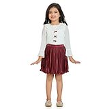 Peppermint Full Sleeves Bow Applique Embroidered Neck Detailing Top With Crush Pleated Solid Sheen Skirt Set - White & Maroon