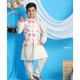 Vastramay Full Sleeves Solid Kurta With Floral Printed Jacket & Pyjama Set - Peach And Cream