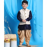 Vastramay Full Sleeves Solid Kurta And Dhoti With Floral Embroidered Jacket - Navy Blue Beige Golden