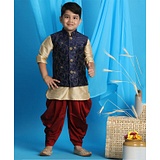 Vastramay Full Sleeves Solid Kurta And Dhoti With Floral Embroidered Jacket - Golden Navy Blue Maroon