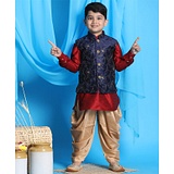 Vastramay Full Sleeves Solid Kurta And Dhoti With Floral Embroidered Jacket - Maroon Navy Blue Golden