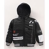 Little Kangaroos Full Sleeves Quilted Hooded Bomber Jacket Text Print - Black