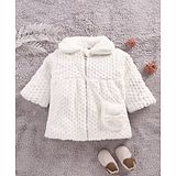 Little Kangaroos Full Sleeves Fur Jacket With Matching Purse Foil Print - Off White