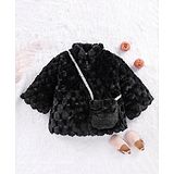 Little Kangaroos Full Sleeves Fur Jacket With Matching Purse Solid - Black