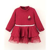 Little Kangaroos Full Sleeves Party Wear Frock With Sequin Detailing & Floral Corsage- Maroon