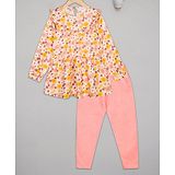 Budding Bees Full Sleeves All Over Floral Printed Top & Solid Leggings Set - Mustard & Orange