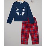 Budding Bees Full Sleeves Cat Printed Top With Checked Pajama Night Suit - Blue & Red