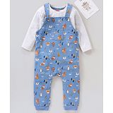 Babyhug Dungaree and Full Sleeves T-Shirt Set Fox Print - White and Blue