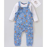 Babyhug Dungaree and Full Sleeves T-Shirt Set Fox Print - White and Blue