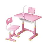 SYGA Kids Height Adjustable Study Desk and Chair Set With Eye Protection Lamp Bookshelf - Pink