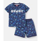 Babyhug 100% Cotton Half Sleeves T-Shirt and Shorts Set Palm Tree Print - Navy Blue