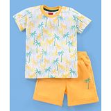 Babyhug 100% Cotton Knit Half Sleeves T-Shirt & Shorts Palm Tree Print - White & Mustard Yellow