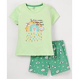 Cucumber Cotton  Half Sleeves Nightwear  T-Shirt and Shorts Set Cats Print - Mint Green