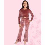 Cutecumber Full Sleeves Chenille Stone Embellished Crop Top With Bell Bottom Trousers - Dusty Pink