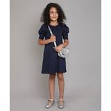 Taffykids Half Puffed Sleeves Floral Self Design  A Line Dress With Bow Detail - Blue