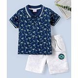 Babyhug Cotton Half Sleeves T-Shirt & Shorts Palm Trees Print - Navy & White