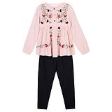 Budding Bees Full Sleeves Floral Embroidered Top With Leggings - Pink Black