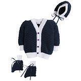 Little Angels Full Sleeves Self Design Front Open Sweater With Matching Cap And Socks - Navy Blue