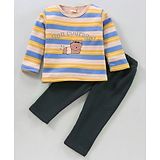 Kidofash Fleece Full Sleeves Striped And ear Print Top And Bottom - Blue Yellow