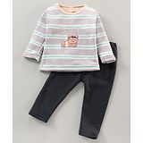 Kidofash Fleece Full Sleeves Striped And ear Print Top And Bottom - Grey