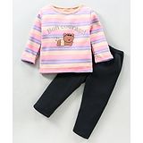 Kidofash Fleece Full Sleeves Striped And ear Print Top And Bottom - Pink